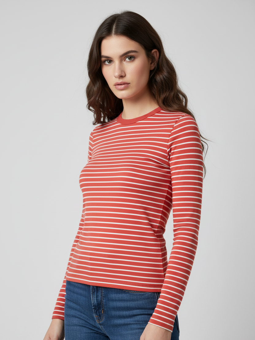 Nxt Long Sleeve Crew Neck Jersey Lycra Strech Blouse For Ladies-Red With Stripes-RZ22