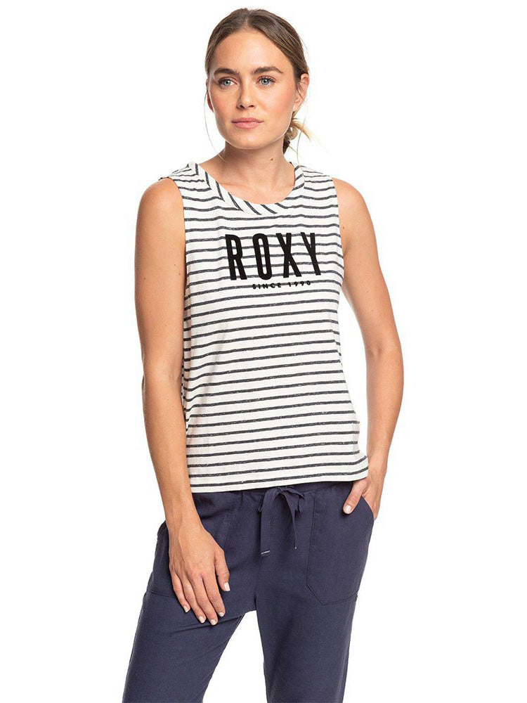 Roxy Sleeveless Crew Neck Single Jersey Strech Blouse For Ladies-White With Stripes-SP1909