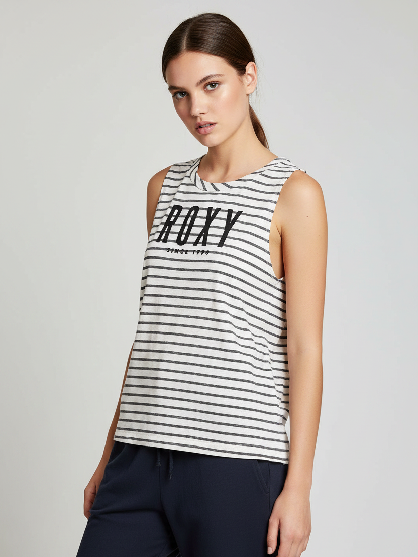 Roxy Sleeveless Crew Neck Single Jersey Strech Blouse For Ladies-White With Stripes-SP1909