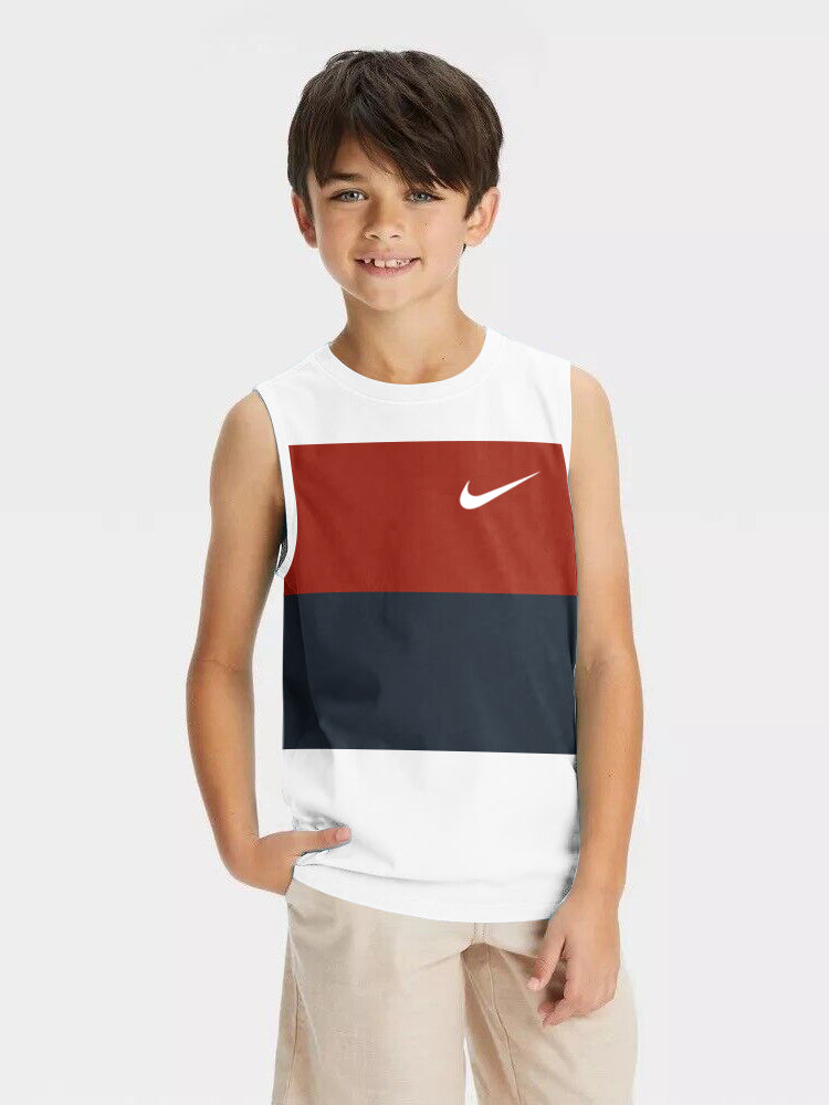 NK Crew Neck Sleeveless Tee Shirt For Kids-White with Panels-SP2333