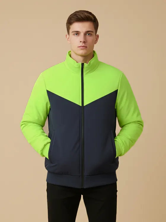 Payper Puffer Zipper Mockneck Jacket For Men-Lime Green & Dark Navy-PH29