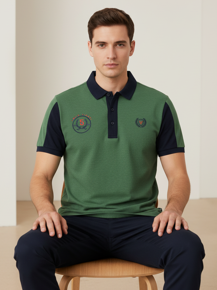 LV Summer Polo Shirt For Men-Green Melange & Dark Navy-SP1542