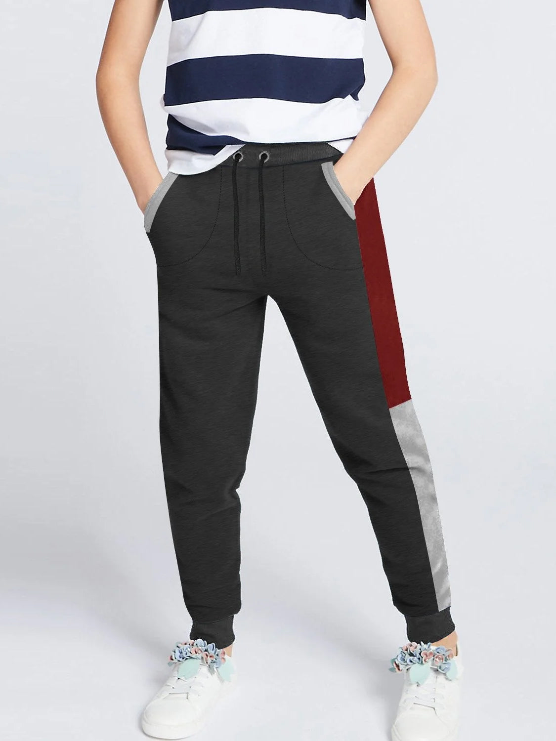 Next Slim Fit Jogger Trouser For Kids-Charcoal with Red & Grey Melange Panels-SP2594