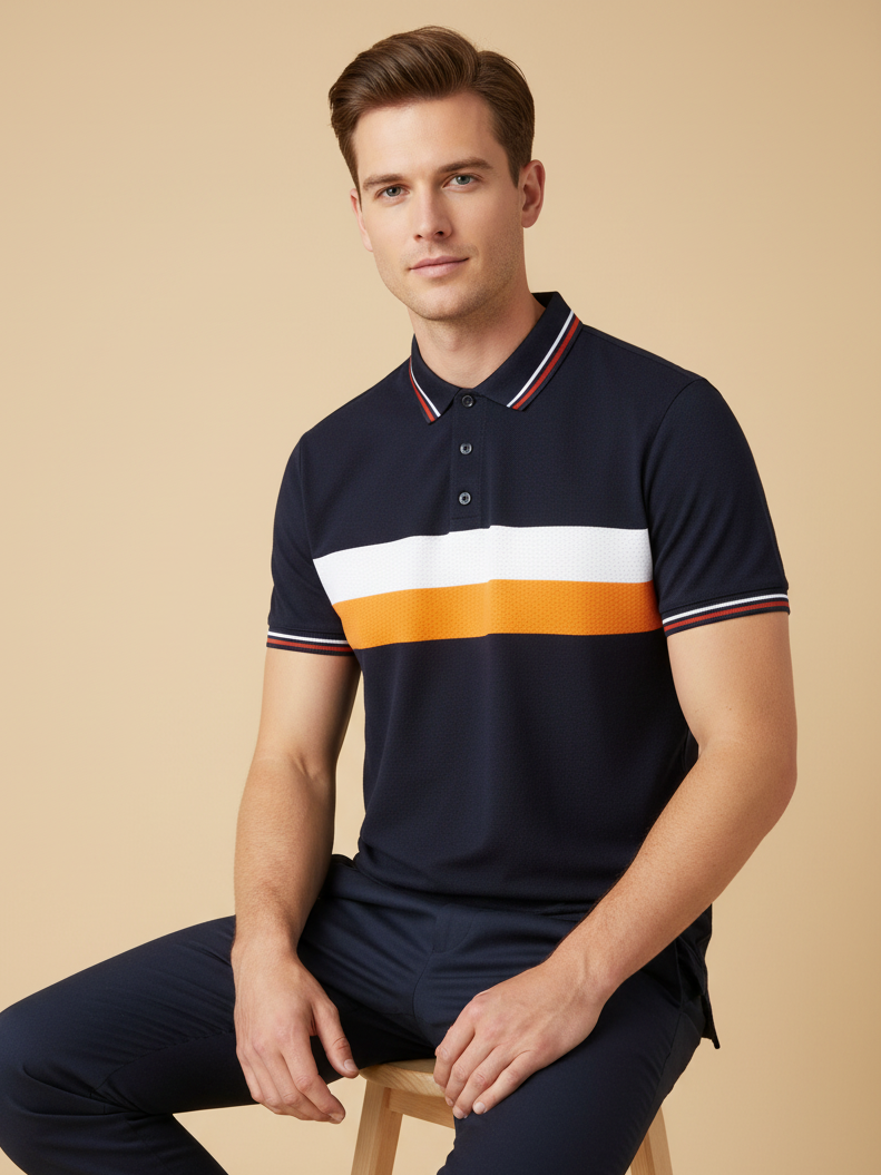 LV Summer Dry Fit Polo Shirt For Men-Navy with White & Orange Panels-BE1741/BR13922