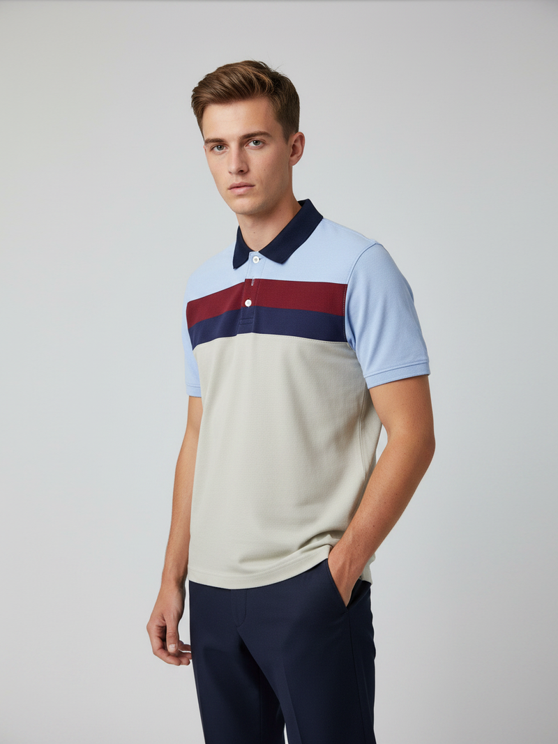 Stylish Summer Polo Shirt For Men-Light Grey & Sky Blue-NSK65