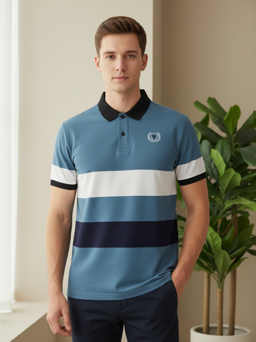 LV Summer Polo Shirt For Men-Slate Blue with White & Navy Panel-BE872/BR13111