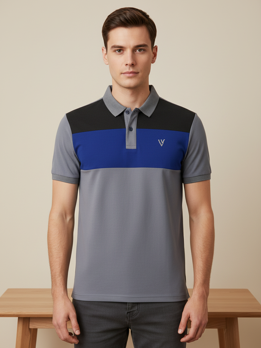 LV Summer Polo Shirt For Men-Slate Grey with Blue & Charcoal Panel-BE787/BR13034