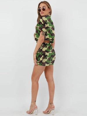 Rising Pop Button Shorts Co-Ord For Ladies-Camouflage-SP3412