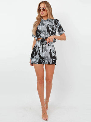 Rising Pop Button Shorts Co-Ord For Ladies-Grey Camouflage-SP3411