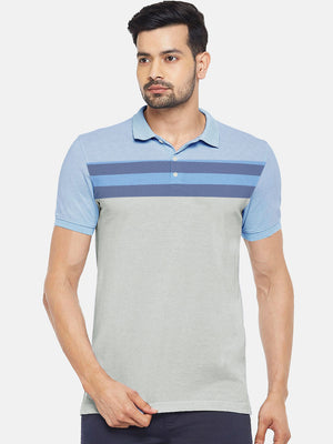 Summer Polo Shirt For Men-Blue & Smoke White With Panel-AN4020