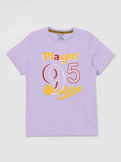Summer Single Jersey Crew Neck Tee Shirt For Kids-Purple With Print-AN4158