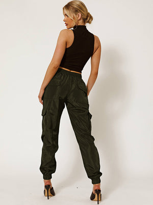 Cuffed Hem Shell Side Pockets Jogger Trouser For Ladies-Dark Olive-SP3336