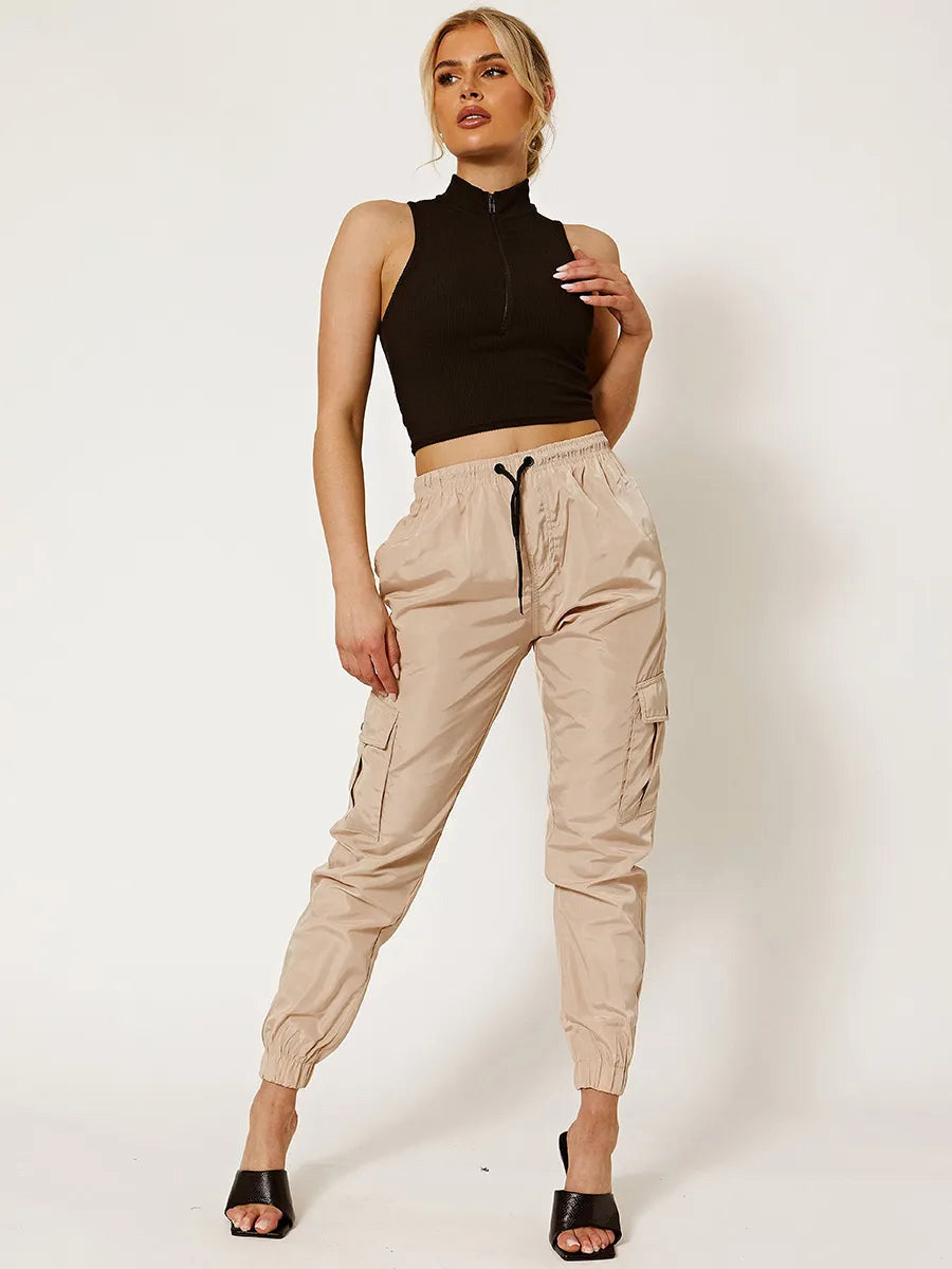 Cuffed Hem Shell Side Pockets Jogger Trouser For Ladies-Skin-SP3333