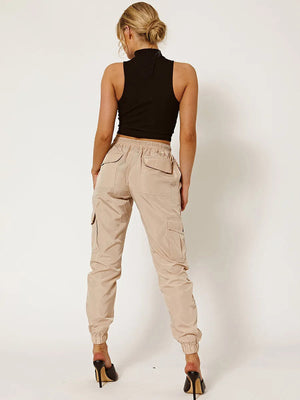 Cuffed Hem Shell Side Pockets Jogger Trouser For Ladies-Skin-SP3333