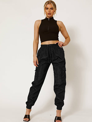 Cuffed Hem Shell Side Pockets Jogger Trouser For Ladies-Black-SP3332