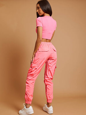 Cuffed Hem Shell Jogger Trouser For Ladies-Neon Pink-SP3321