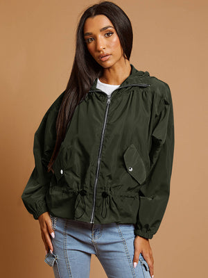 High Neck Hooded Festival Jacket For Ladies-Dark Olive-SP3265