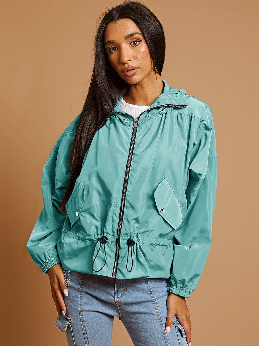 High Neck Hooded Festival Jacket For Ladies-Cyan-SP3274