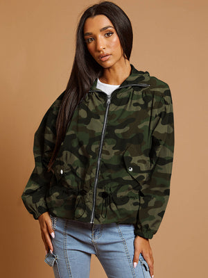 High Neck Hooded Festival Jacket For Ladies-Olive Camouflage-SP3394