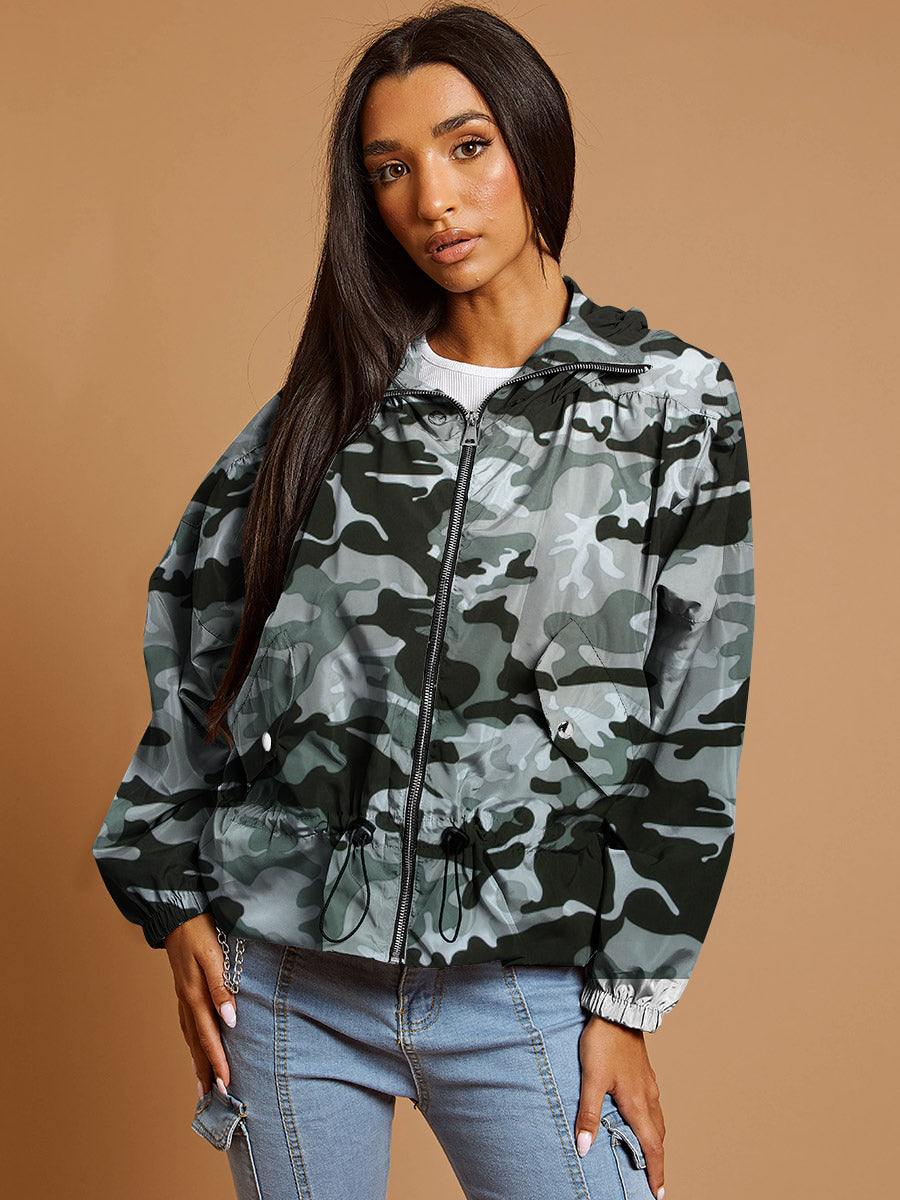 High Neck Hooded Festival Jacket For Ladies-Grey Camouflage-SP3395