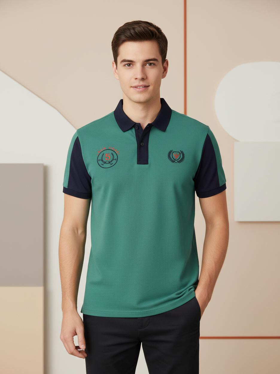 LV Summer Polo Shirt For Men-Light Cyan Green & Dark Navy-BE860