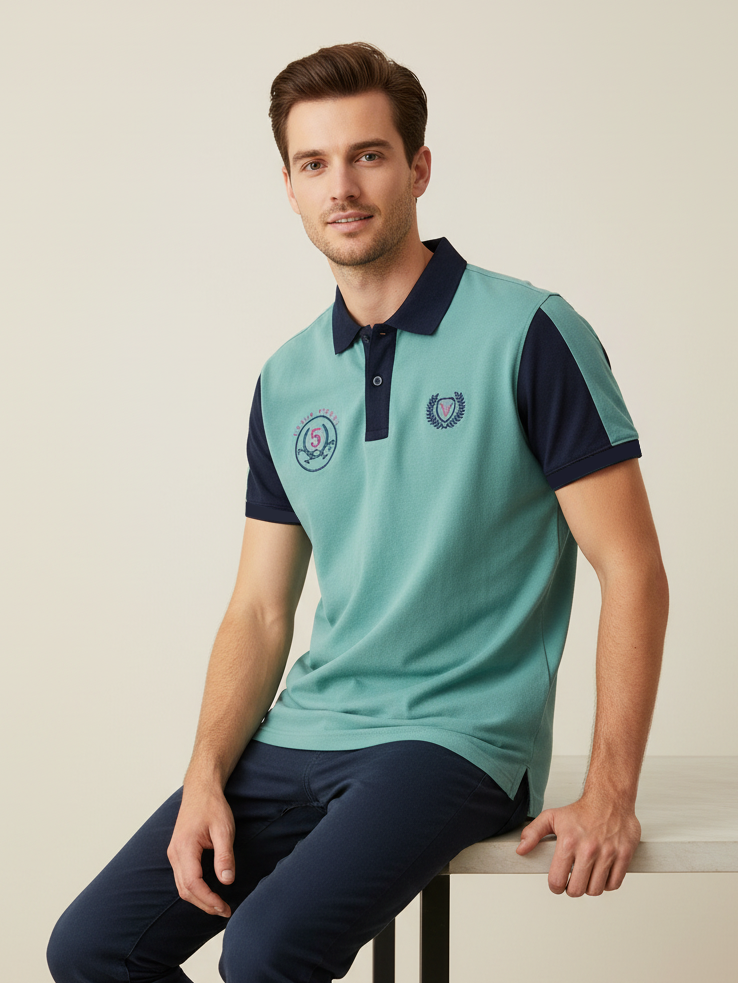 LV Summer Polo Shirt For Men-Dark Cyan Green & Dark Navy-LVS003