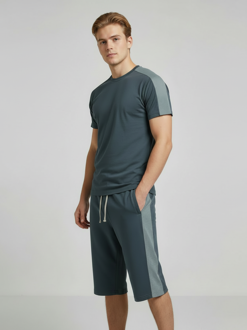 Summer Co Ord Set For Men-Dark Grey & Light Grey Panel-BE4600