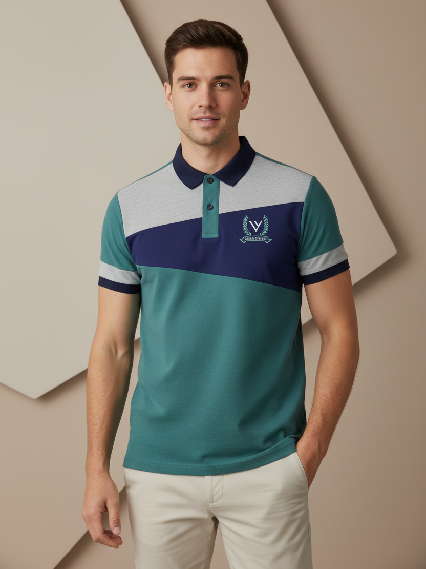 LV Summer Polo Shirt For Men-Cyan Green with Blue & Grey Panel-BE836/BR13073