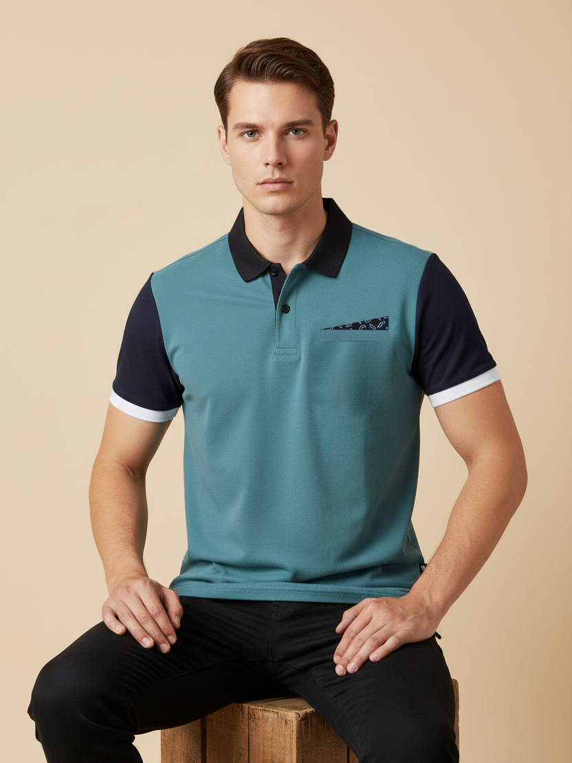 LV Summer Polo Shirt For Men-Ocean Blue with Navy-BE767/BR13014