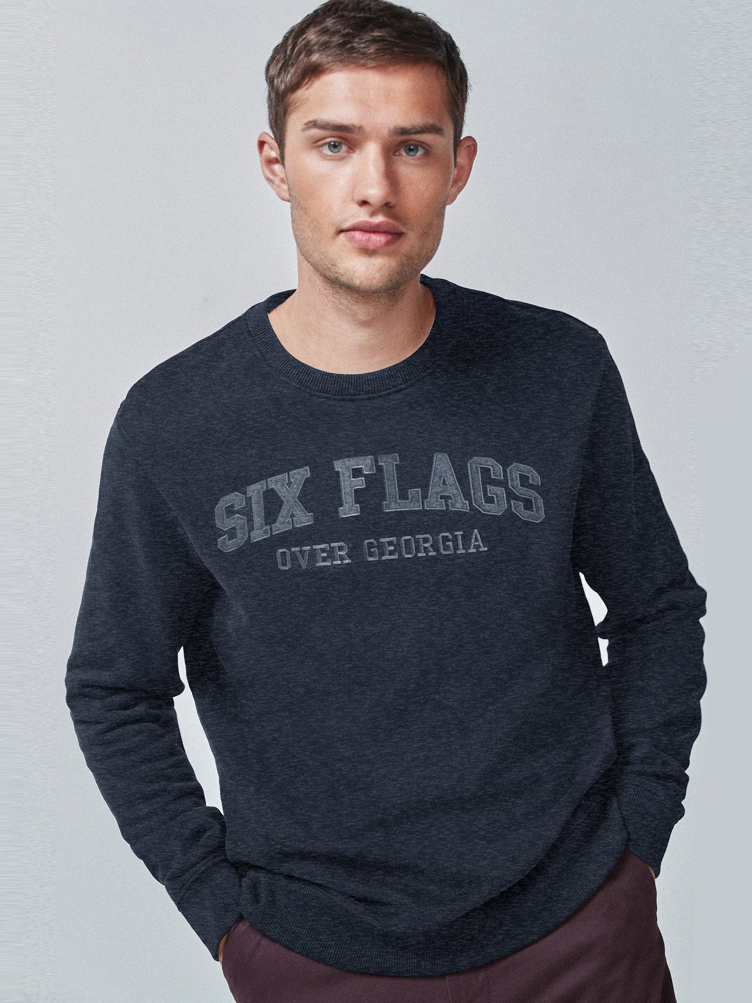 Six Flags Fleece Crew Neck Sweatshirt For Men-Navy Melange-SP3377