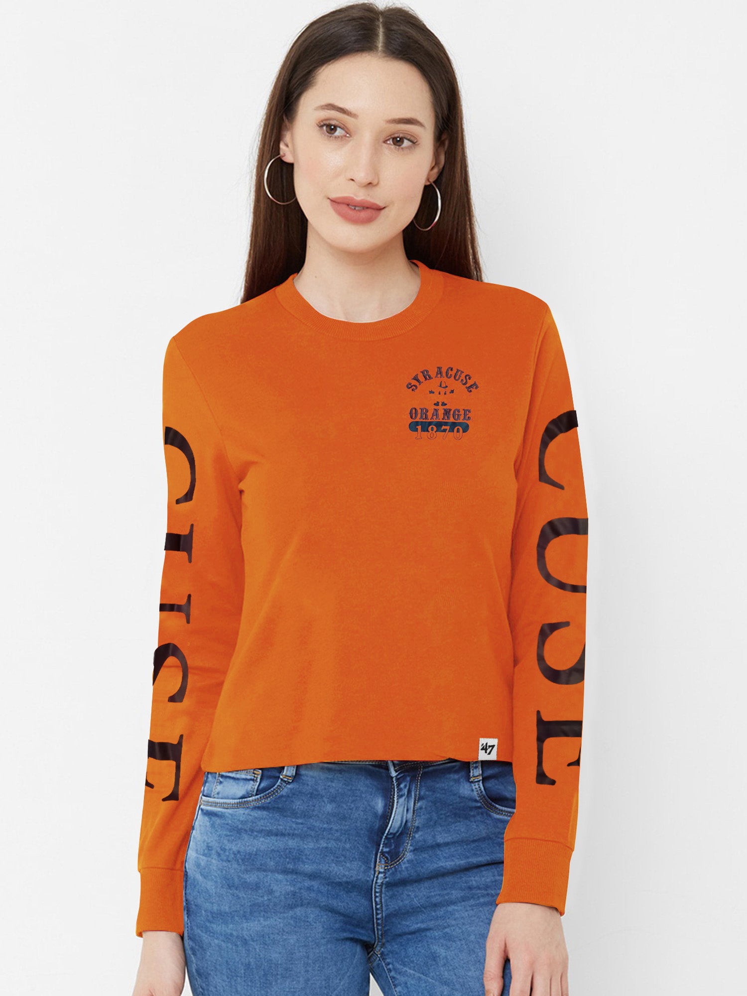 47 Crew Neck Full Sleeve Crop Tee Shirt For Ladies-Orange-SP1989