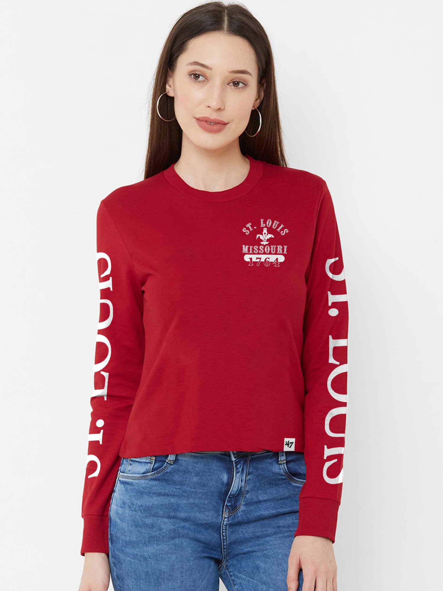 47 Crew Neck Full Sleeve Crop Tee Shirt For Ladies-Red-SP1983