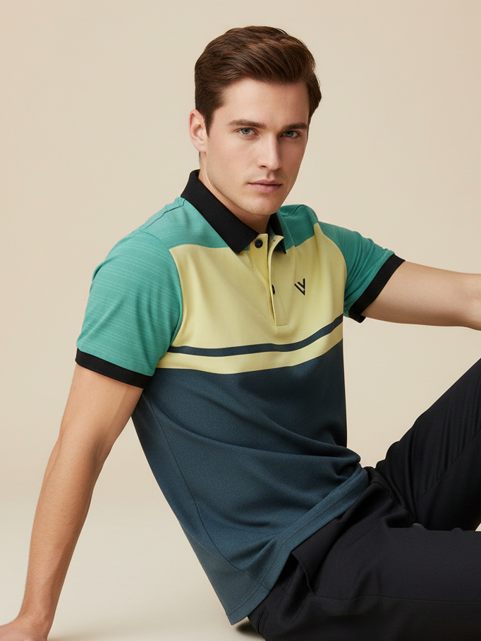 LV Summer Polo Shirt For Men-Navy Melange with Yellow & Cyan Green-SP1593/RT2384