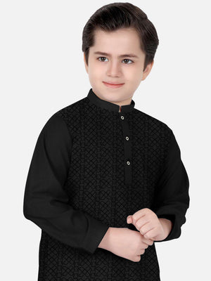 Velvour Stitched Kurta For Kids-Black Allover Textured-SP2714