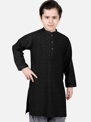 Velvour Stitched Kurta For Kids-Black Allover Textured-SP2714