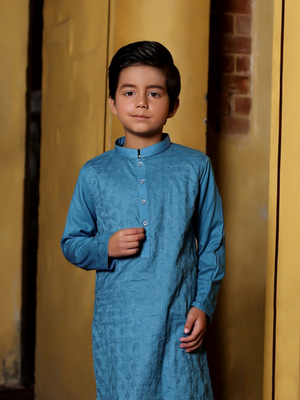 Velvour Stitched Kurta For Kids-Light Blue Allover Textured-SP2715