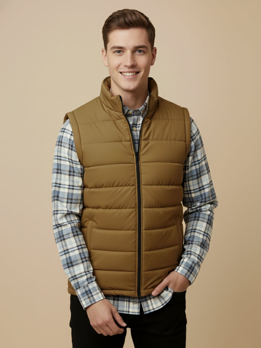 Payper Puffer Sleeveless Zipper Mockneck Jacket For Men-Light Brown-PH25