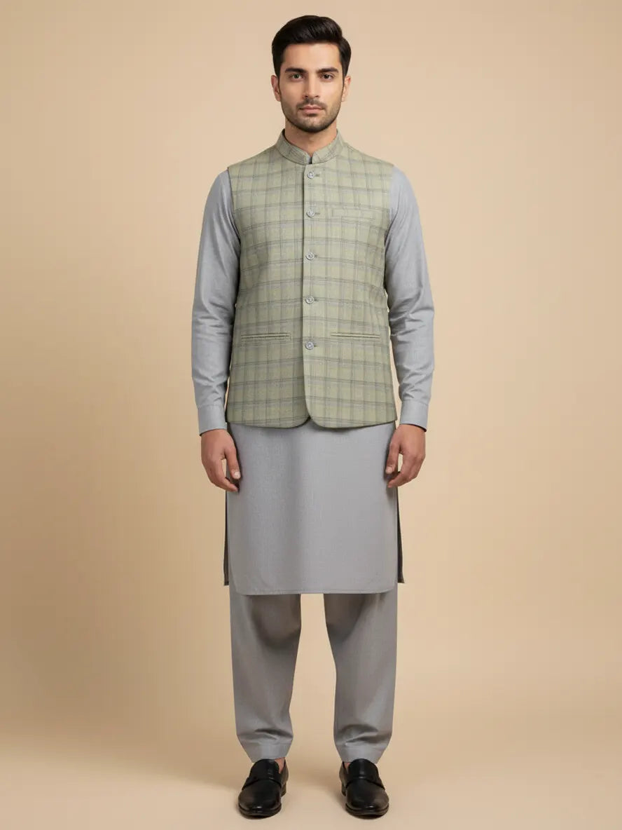 Men’s Premium Tropical Waistcoat Light Grey Checked-WC14