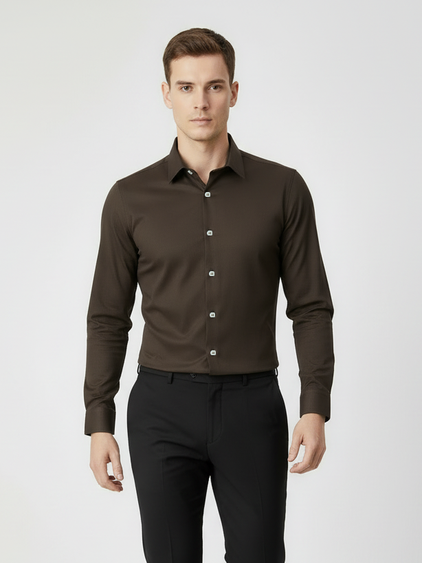 Rawgear 4 Side Lycra Slim Fit Long Sleeve Casual Shirt For Men-Dark Brown-RG04