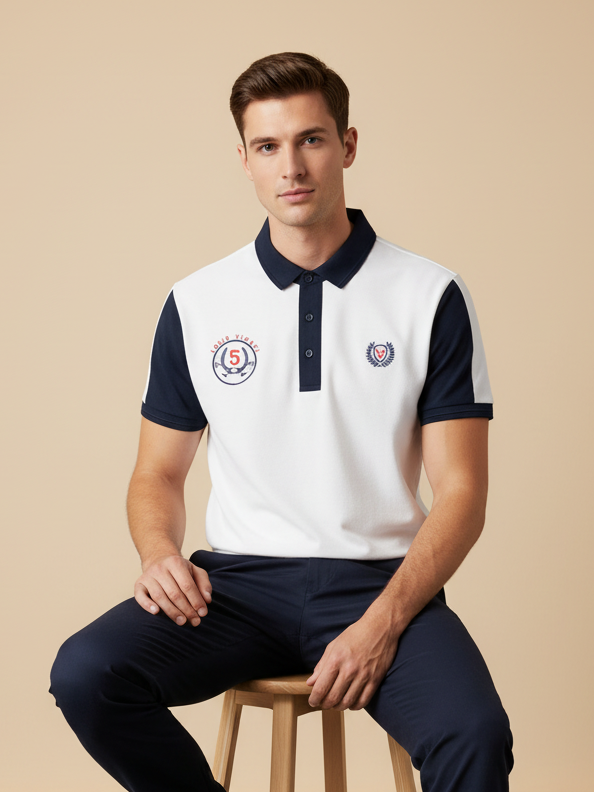 LV Summer Polo Shirt For Men-White & Dark Navy-SP1567/RT2370