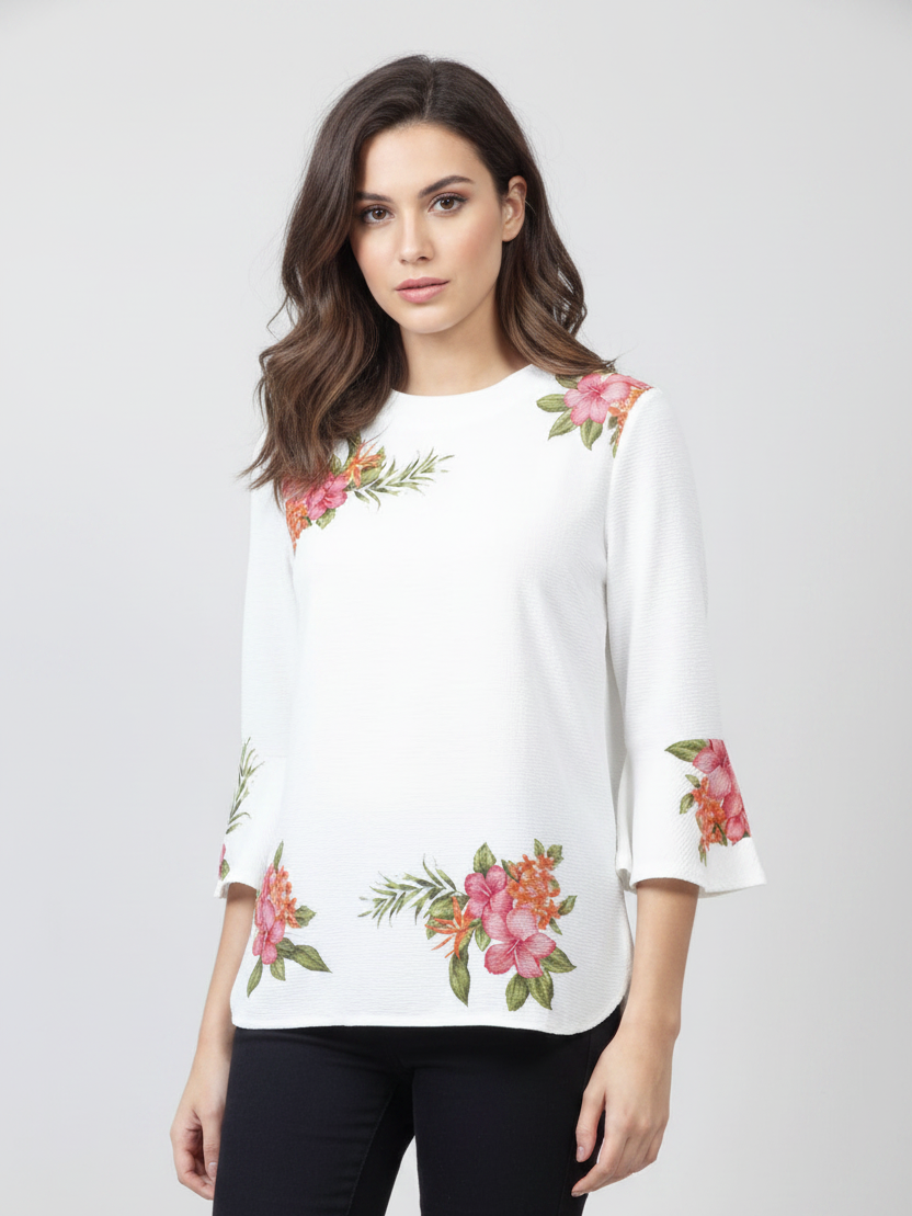 Louis Vicaci Butterfly Sleeve 4 Sided Lycra Crew Neck Top For Ladies-White-RT2076