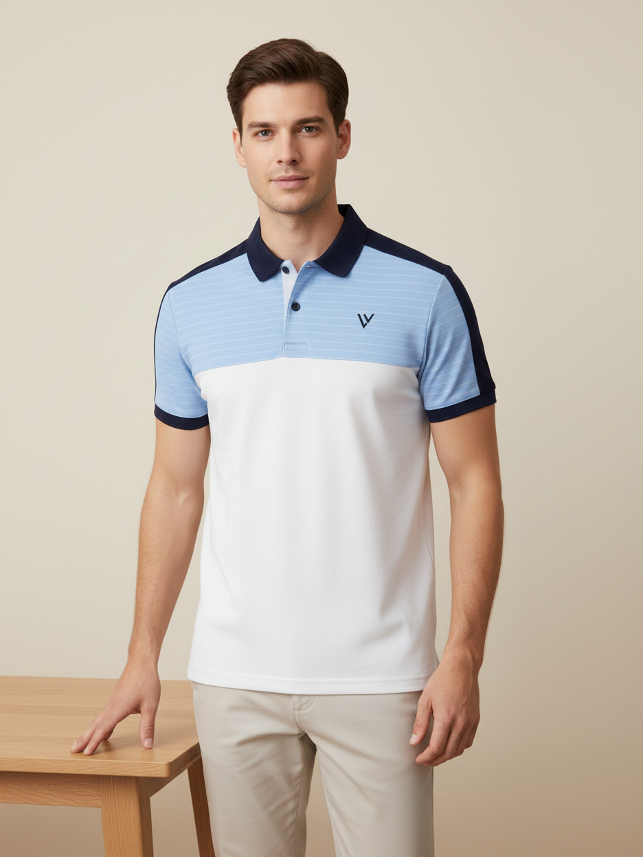 LV Summer Polo Shirt For Men-White with Sky Lining & Navy-BE809/BR13051