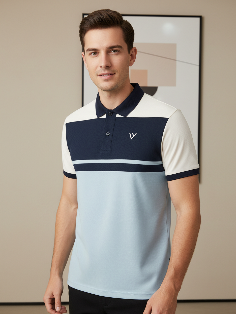 LV Summer Polo Shirt For Men-Sky with Navy & Off White-SP1586/RT2381