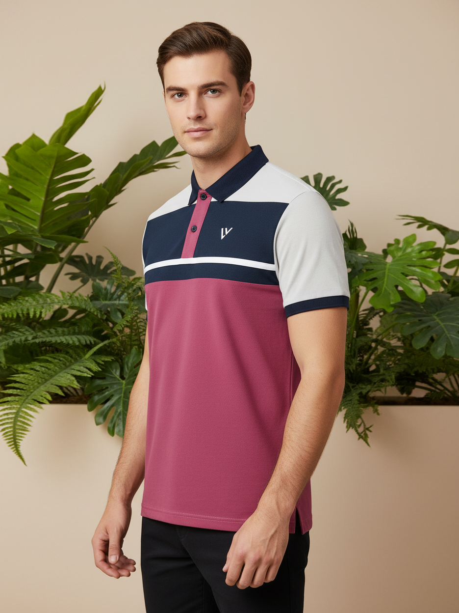 LV Summer Polo Shirt For Men-Pink with Navy & White-SP1581