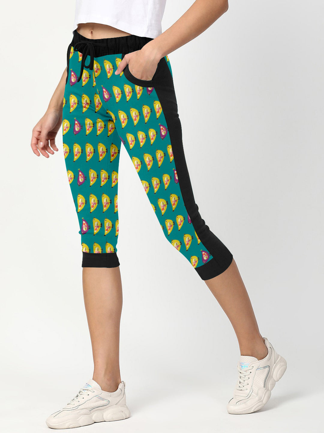 Next Cotton Stylish Capri For Ladies-Cyan Green & Allover Print with Black-SP2864