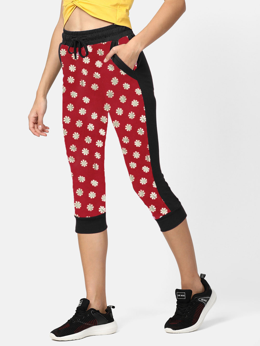 Next Cotton Stylish Capri For Ladies-Red & Allover Print with Black Stripe-SP1595