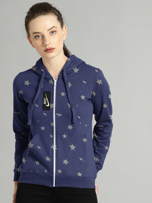 NK Terry Fleece Zipper Hoodie For Ladies-Blue with Allover Stars Print-SP434