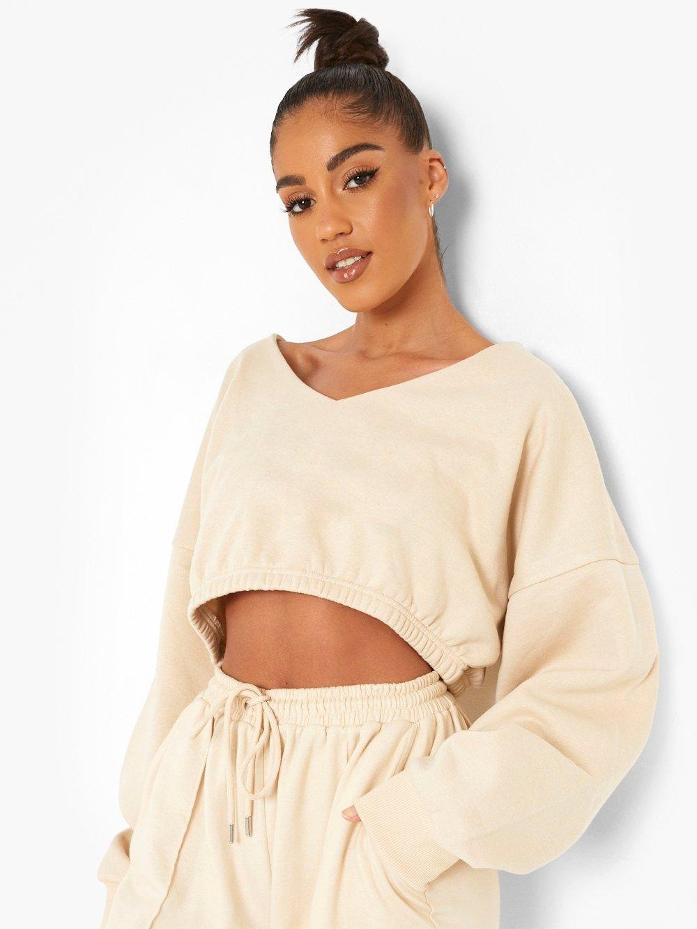 Boohoo V Neck Fleece Cropped Sweatshirt For Ladies-Skin-SP702