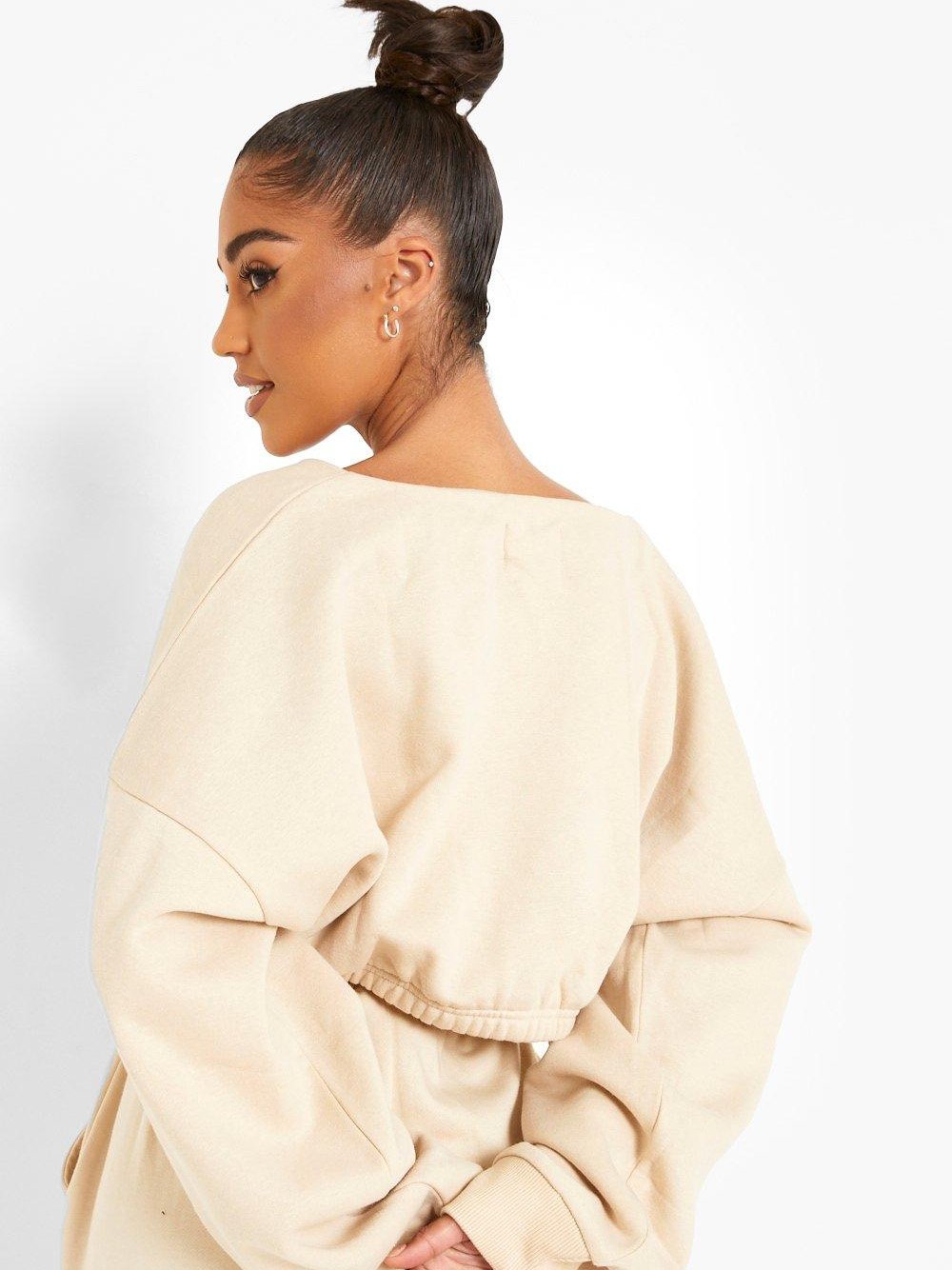 Boohoo V Neck Fleece Cropped Sweatshirt For Ladies-Skin-SP702