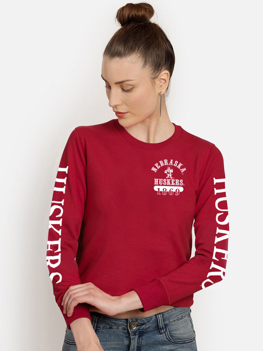 47 Crew Neck Full Sleeve Crop Tee Shirt For Ladies-Red-SP1984